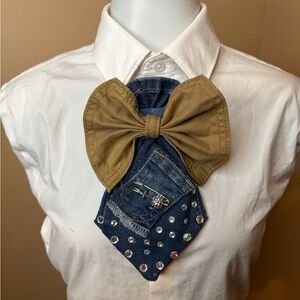 Denim tie with a Tan Bow and Rhinestone Accent